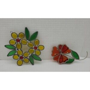 Set 2 Stained Glass Flower Suncatchers Orange Yellow Green 5.5”